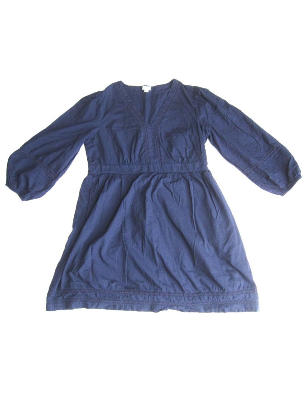 J. Crew Navy Blue Eyelet Cotton V-Neck Peasant Dress Summer Boho Festival (WK54)